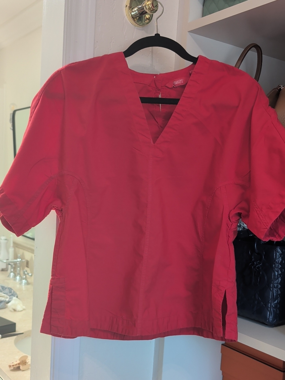 Women's Red V-Neck Medical Tunic Top - Classic Workwear